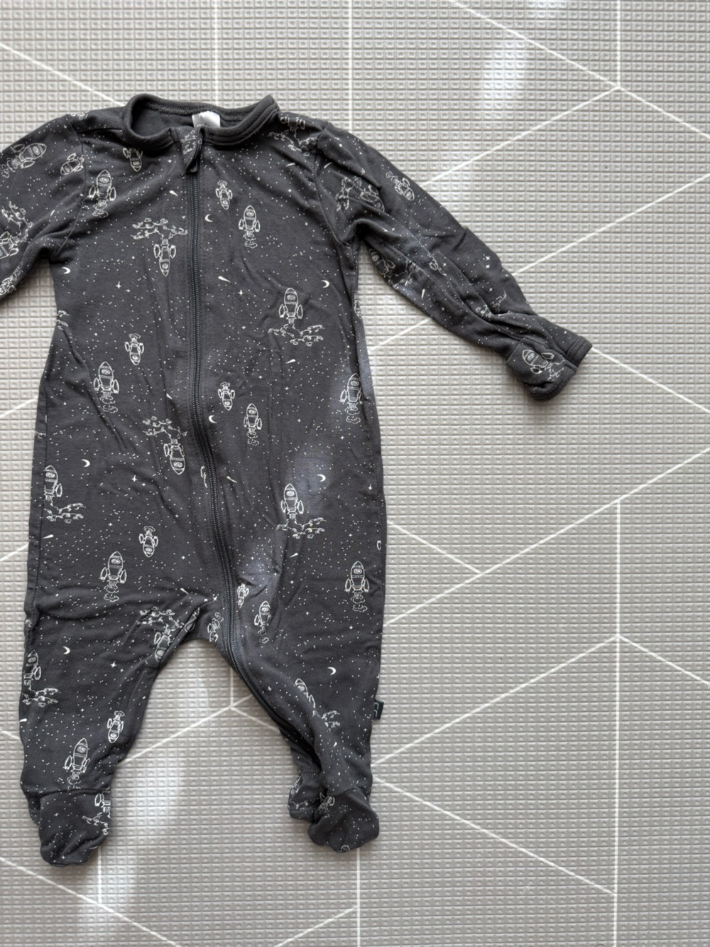 Modern Moments|Baby boy charcoal gray Space Rocket Footed One-Piece•••Super soft